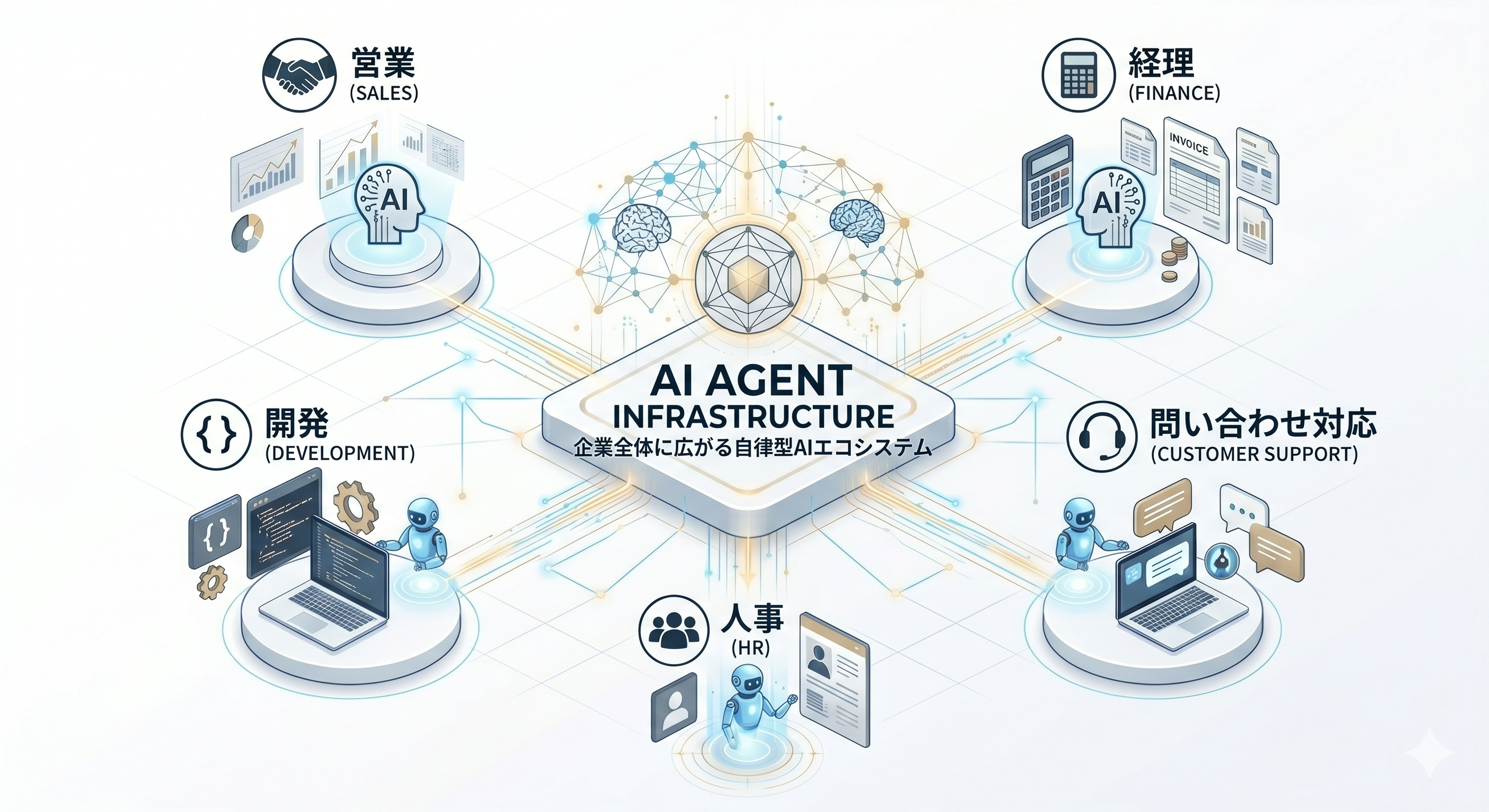 AIエージェント基盤が企業内の複数業務に広がるイメージ